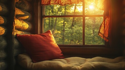 Fototapeta premium Arafed window featuring a vibrant red pillow and a charming window sill, creating a cozy and inviting atmosphere in the room.
