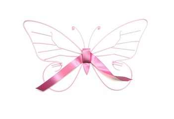Pink ribbon shaped into a delicate butterfly silhouette, isolated on white background