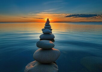 A serene sunset over the ocean, with rocks stacked in balance on both sides of an artificial breakwater.