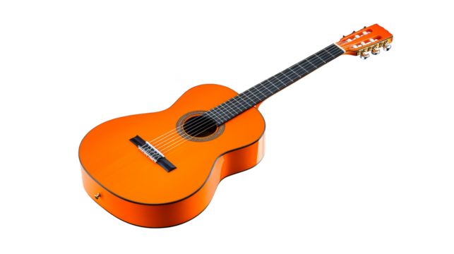 Vibrant orange acoustic guitar, a captivating instrument for musicians and music lovers
