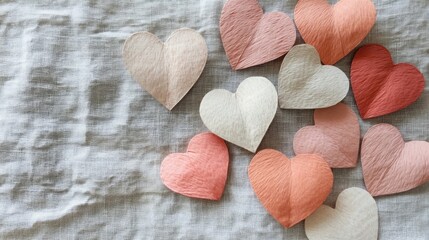 Fototapeta premium Collection of Pastel Hearts on Textured Fabric