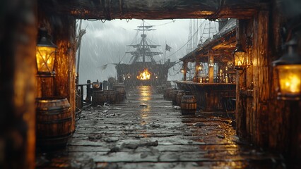 Obraz premium ultra-realistic cinematic depiction of a pirate tavern on a wooden ship deck during a storm. the scene is illuminated by warm lantern light, contrasting with the dark, rainy atmosphere. aged barrels,