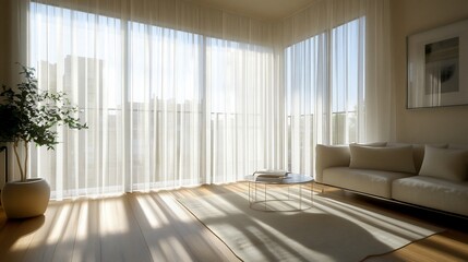 Fototapeta premium Sunlit modern living room with sheer curtains, sofa, and hardwood floors.