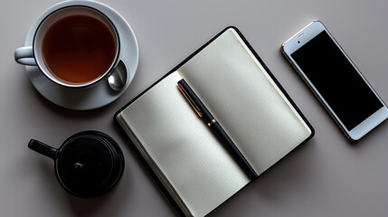 flat lay of notebook, tea, and smartphone creates cozy vibe