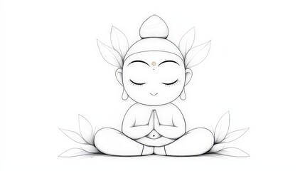Obraz premium Calm and Serene Cartoon Character in Lotus Pose with Leaves Illustration for Meditation Focus
