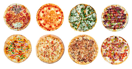 Fresh tasty pizza collage set on white background. Big set of pizzas. Top view. Pepperoni, spinach, meat, carbonara, 4 seasons and other.