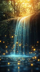 Enchanted cascade, A shimmering waterfall in a forest of golden light