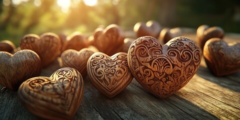 A set of carved wooden hearts with intricate designs, arranged on an old wooden table