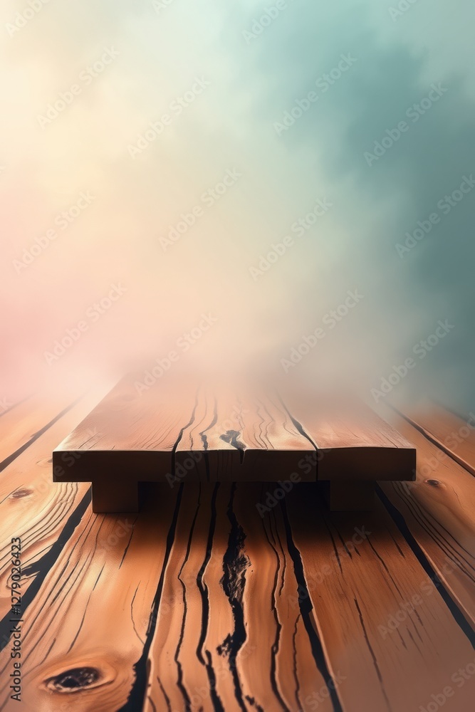 Poster wooden platform shrouded in mist, creating a surreal and ethereal atmosphere for product display.