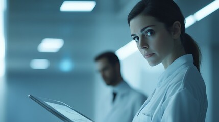 A professional class model businesswoman in a modern office setting, confidently presenting a digital tablet to a diverse group of colleagues, with a clean and minimalist background