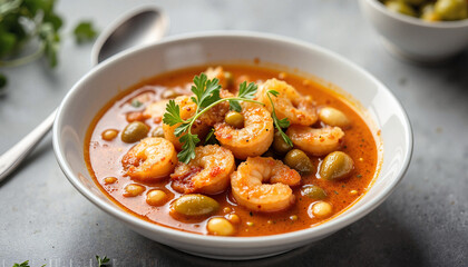Chupe de camarones soup with shrimp, olives, and beans garnished with cilantro in a white bowl
