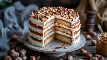 Delicious Layered Cake with Cream Frosting and Hazelnut Topping