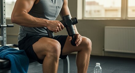  person using a massage gun on their legs after a workout, sitting on a gym bench