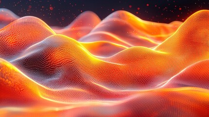 Abstract 3D Digital Landscape with Glowing Waves in Warm Colors and Fine Texture Details
