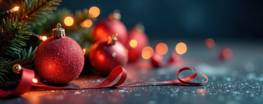 Sparkling Christmas ball garland with lights and ribbons, christmas decorations, lights
