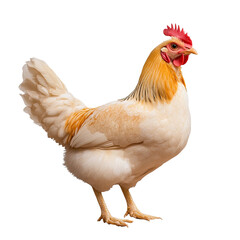 Fototapeta premium A beautiful, vibrant chicken with golden feathers stands proudly against a white background.