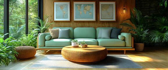 Sunlit Living Room with Mint Green Sofa and Wooden Coffee Table