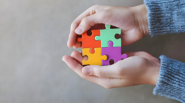 Hands holding colorful puzzle pieces symbolizing autism awareness