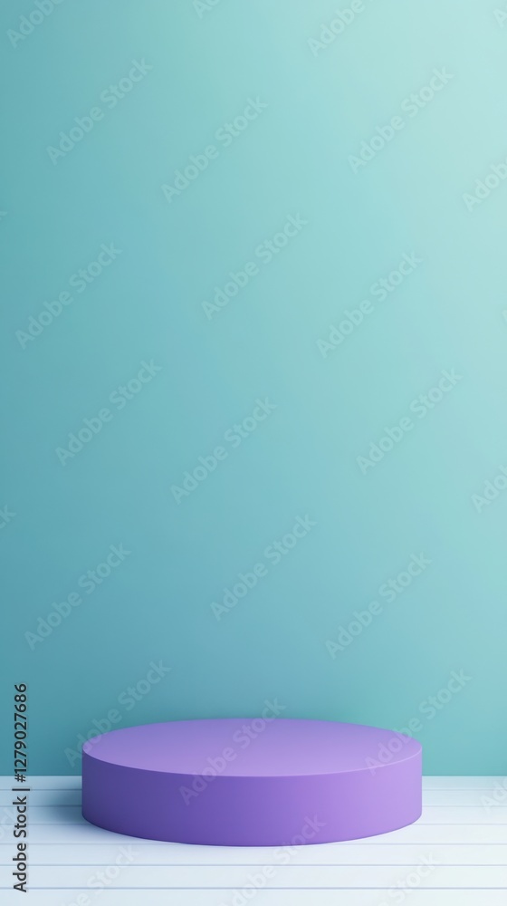 Poster stylish studio setup features a minimalist purple platform against a calming teal backdrop