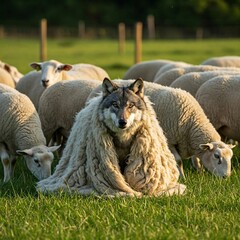 Wolf in Sheeps Clothing Fleece, Hidden Dangour, Lambs grazing Background