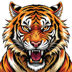 A close-up portrait of a roaring tiger, showcasing intricate details of its fur, eyes, and teeth.  The image should be highly realistic and detailed.