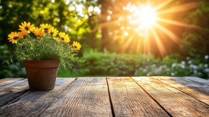 A vibrant potted plant with bright yellow flowers sits gracefully on a rustic wooden table, adding a touch of nature to the indoor setting.
