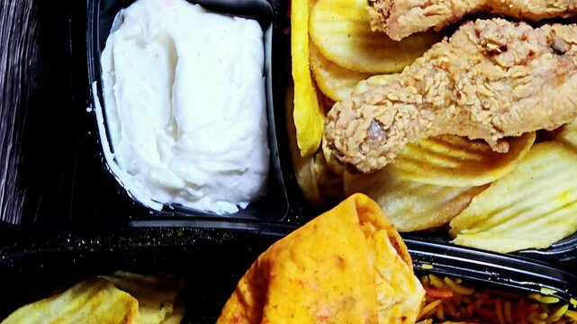 Syrian food of machine grilled barbecued chicken with colorful Basmati rice and fried thin chips potatoes, and Broasted chicken meal with colorful Basmati rice, pickled slices of carrot, cucumber