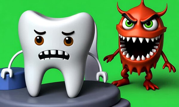 Sad tooth facing germ on green screen