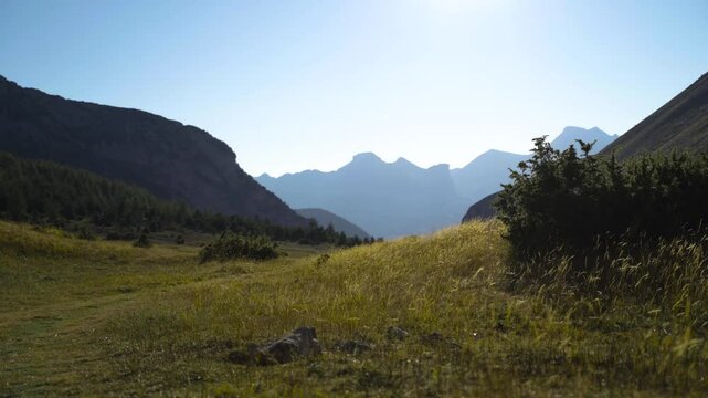 Paysage de montagne dans les Alpes Fran&ccedil;aises, Devoluy avec l'herbe bougeant au vent