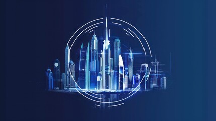 Futuristic city skyline digital illustration, urban design, glowing skyscrapers, abstract circular graphic element