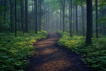 Obraz premium Misty Forest Path in the Morning Light