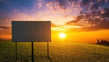 Empty billboard standing in a grassy field against a stunning sunset sky, creating a peaceful and dramatic scene for advertising concepts.