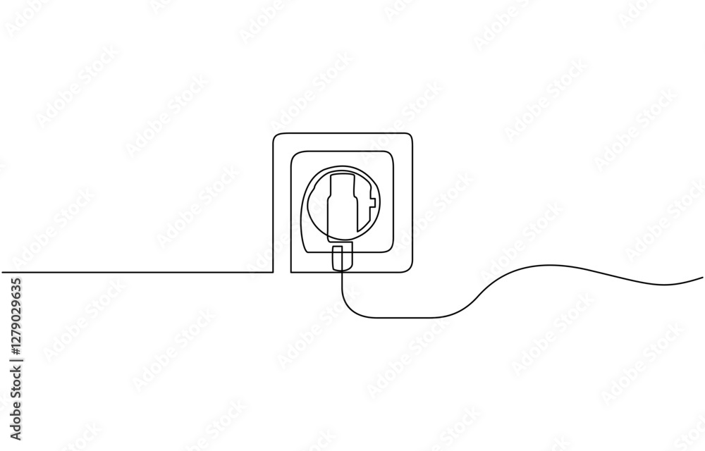 Aufkleber plug inserting into electric outlet in continuous line art drawing style. power plug and socket mini