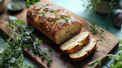 A gluten-free loaf of bread sliced on a wooden cutting board, surrounded by fresh herbs