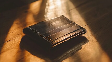 A sleek black leather wallet bathed in warm sunlight and shadows.