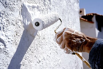 A hand painting a textured white wall with a paint roller.
