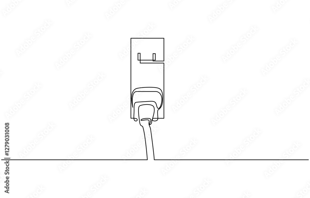Aufkleber plug inserting into electric outlet in continuous line art drawing style. power plug and socket mini