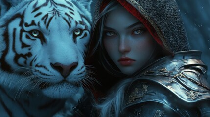 A woman dressed in medieval armor glares, next to her white tiger in the moonlight, background wallpaper AI generated image