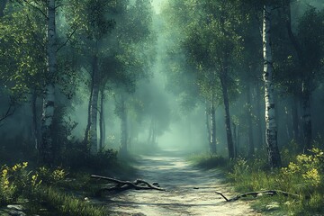 Obraz premium Misty Forest Path - A Serene Woodland Scene