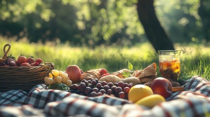 a picnic blanket overflowing with a variety of delicious foods.showcasing the rich textures and vibrant colors of the food, all bathed in natural sunlight to create a warm, inviting, and appetizing at