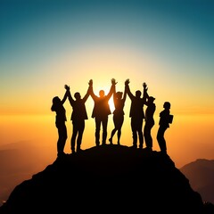Silhouetted Business Team Celebrating on Mountain Peak
