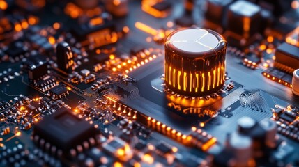 Illuminated circuit board with toroidal core inductors, precision copper, capacitors, and a series of neon light transformers, background wallpaper AI generated image