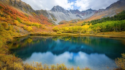 Obraz premium Autumnal Lake Reflecting Majestic Mountain Peaks