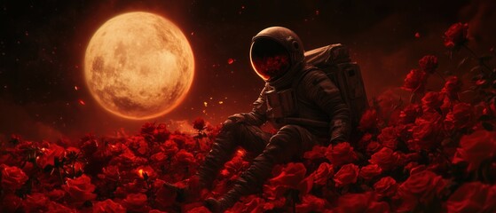 Fatigued Astronaut Among Red Roses Under an Alien Moon – Sci-Fi Surrealism in 4K