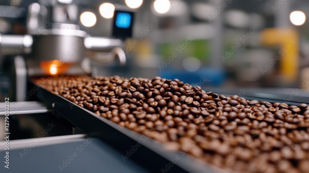 Poster coffee production factory concept, automated coffee sorting machine for efficient separating of coff