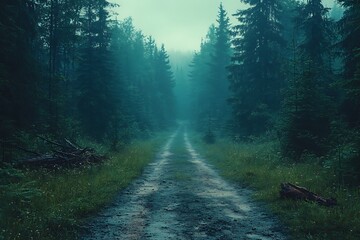 Obraz premium Misty Forest Path Leads into the Unknown