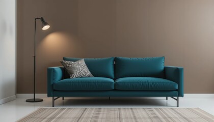A modern teal sofa is positioned elegantly against a warm brown wall, accompanied by a sleek floor lamp that enhances the cozy atmosphere. A simple rug adds texture and style