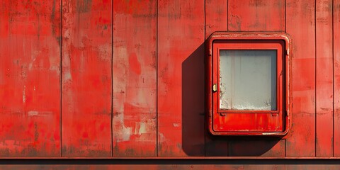 Red safety container with a breakable glass for emergency situations attached to a wall