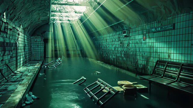 Abandoned underground station filled with water reflecting sunlight in a desolate atmosphere