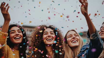 A group of friends throwing confetti in the air while celebrating a joyful reunion